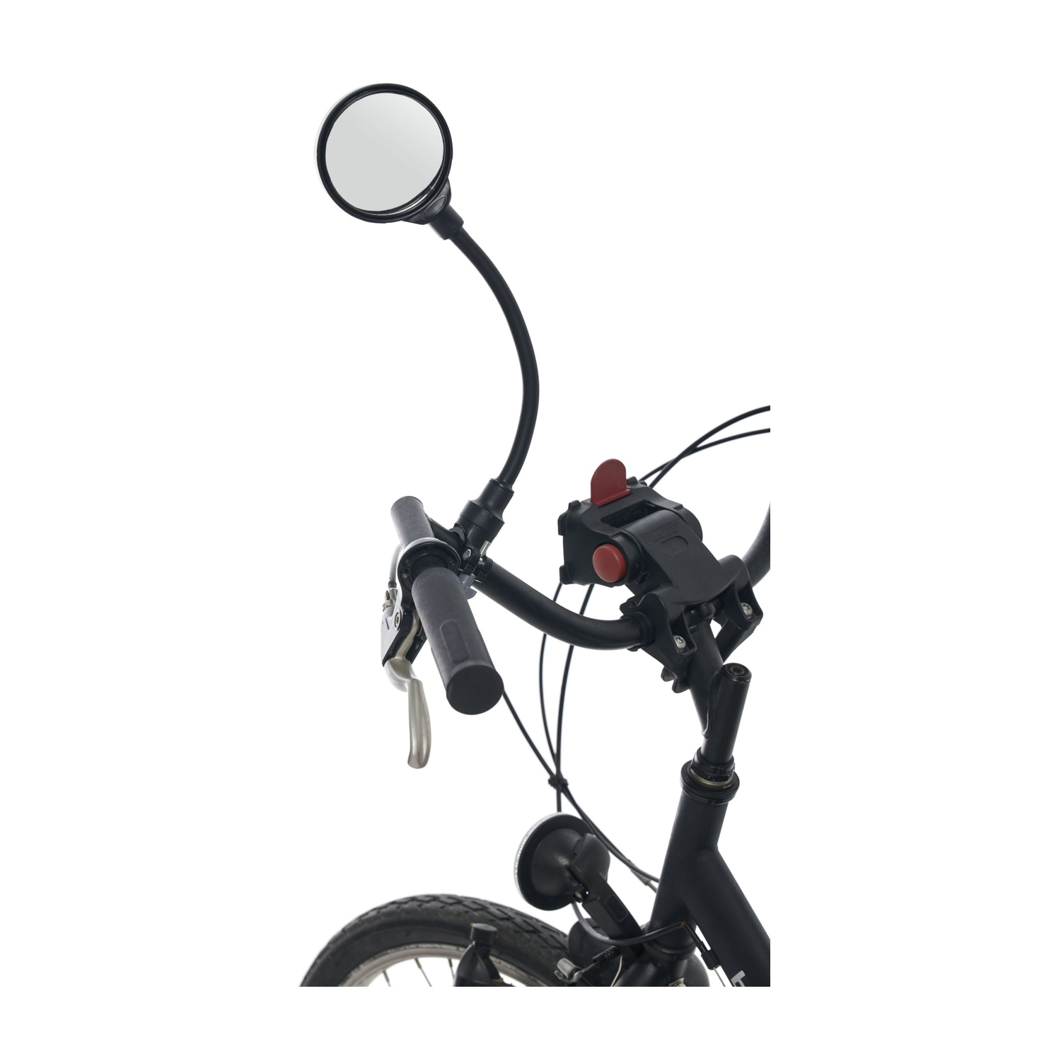 Manubrio di una bicicletta nera con specchietto, impugnatura e pulsante.