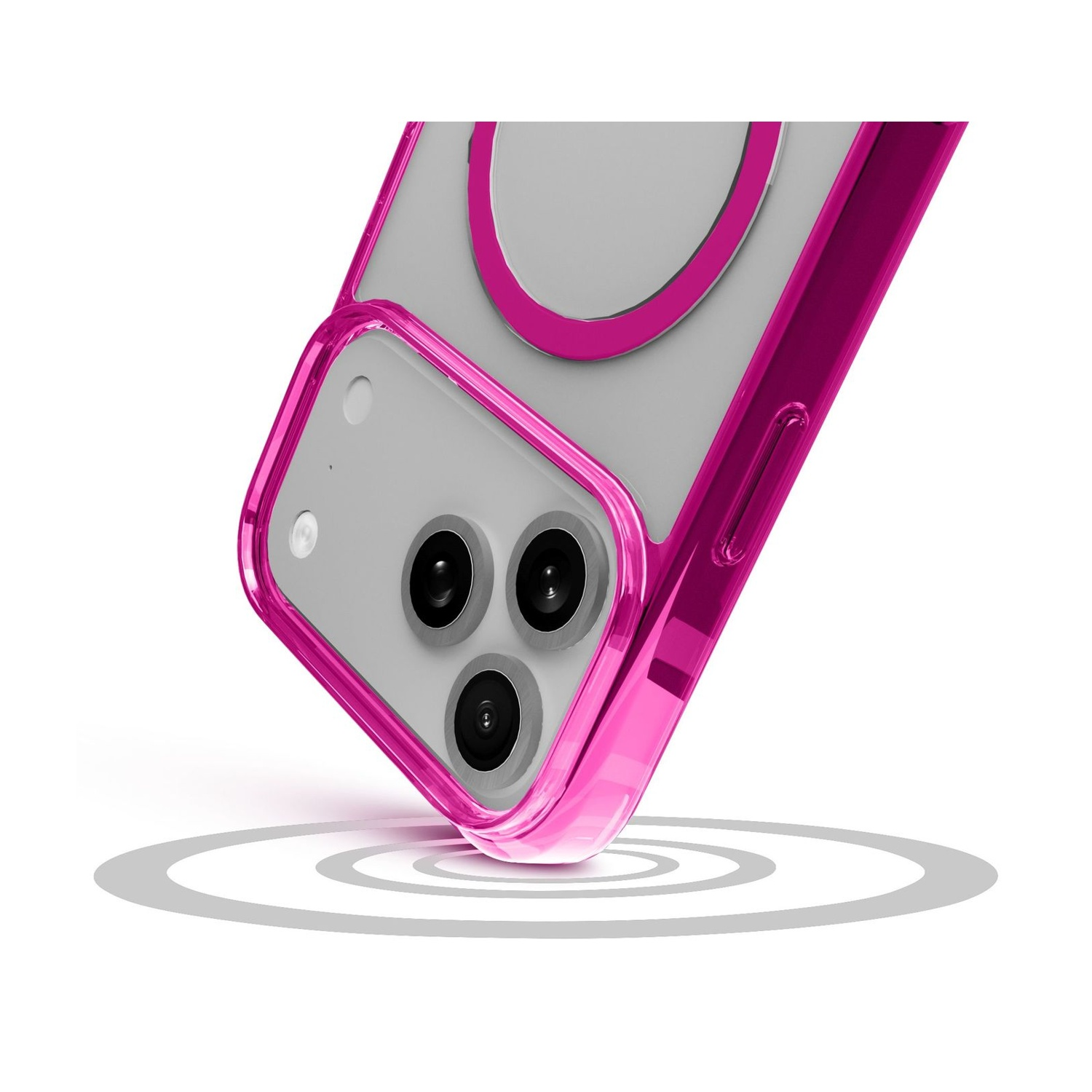 Una cover per telefono rosa con tre fotocamere su sfondo bianco.