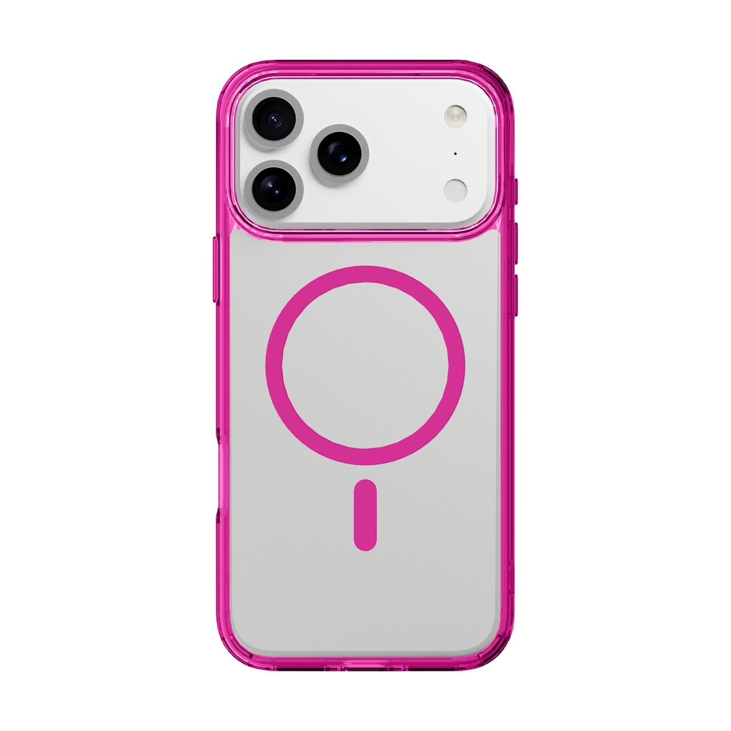 Custodia trasparente con bumper rosa e cerchio magnetico su sfondo bianco.