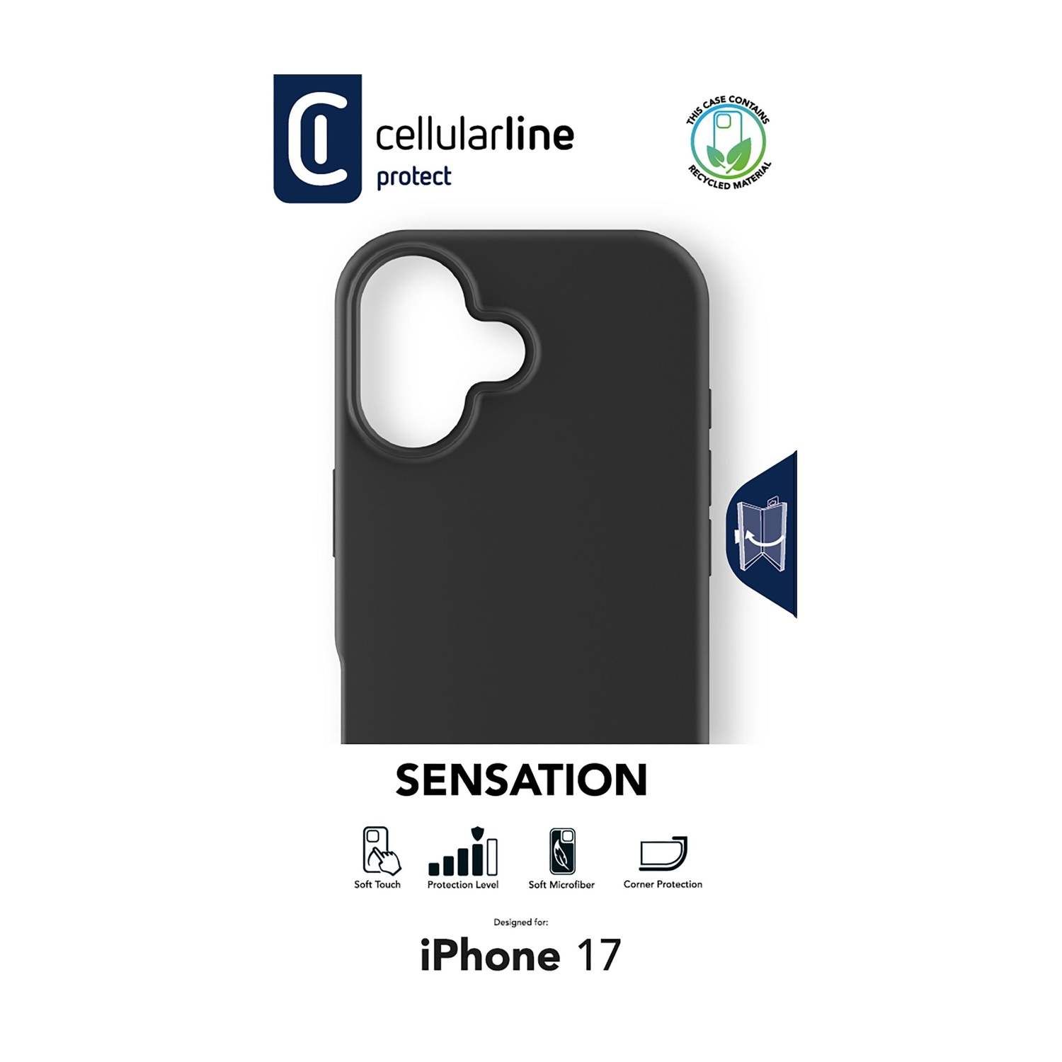 Custodia nera per iPhone 17 di Cellularline, con funzioni protettive.