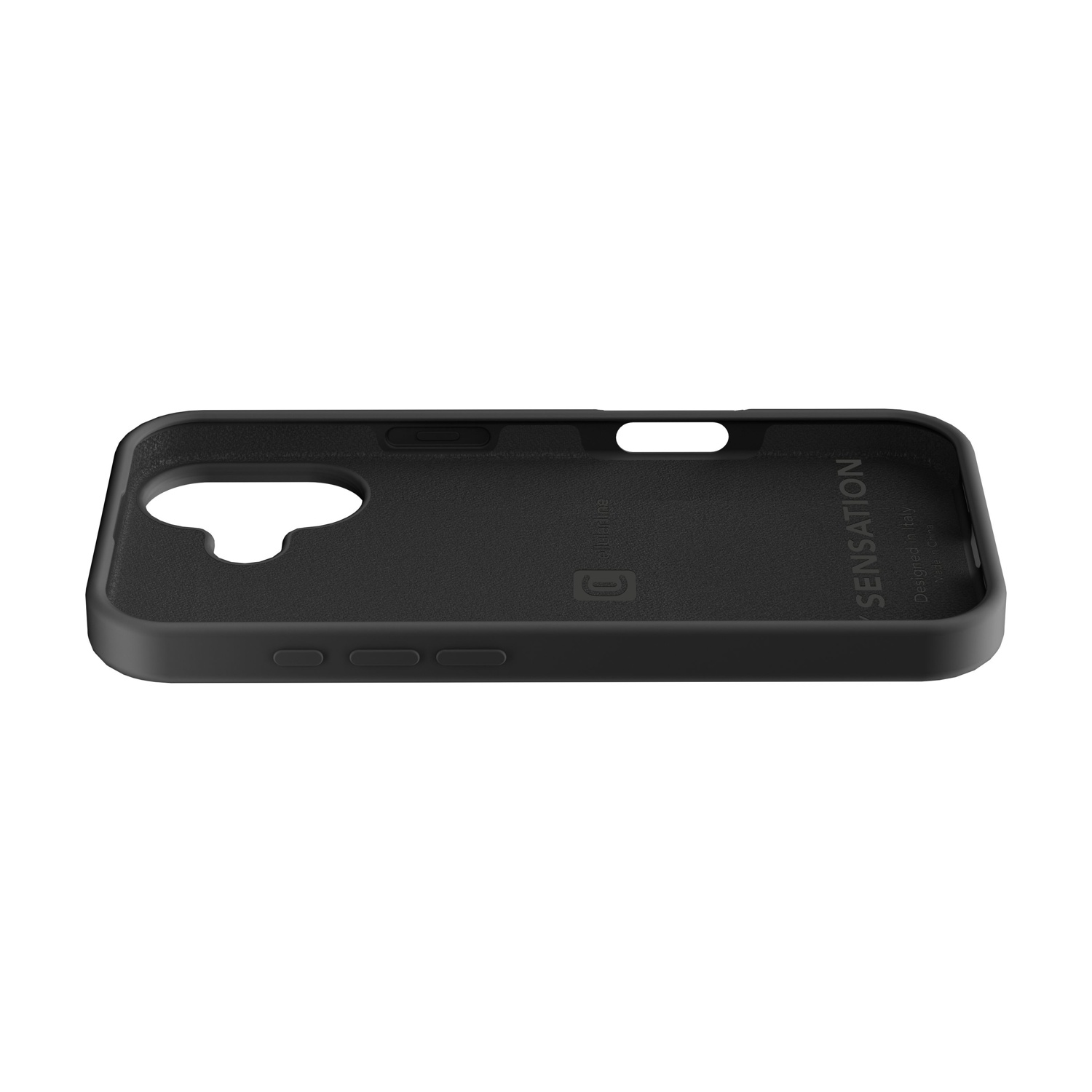Custodia nera per telefono con ritagli per fotocamera e pulsanti.