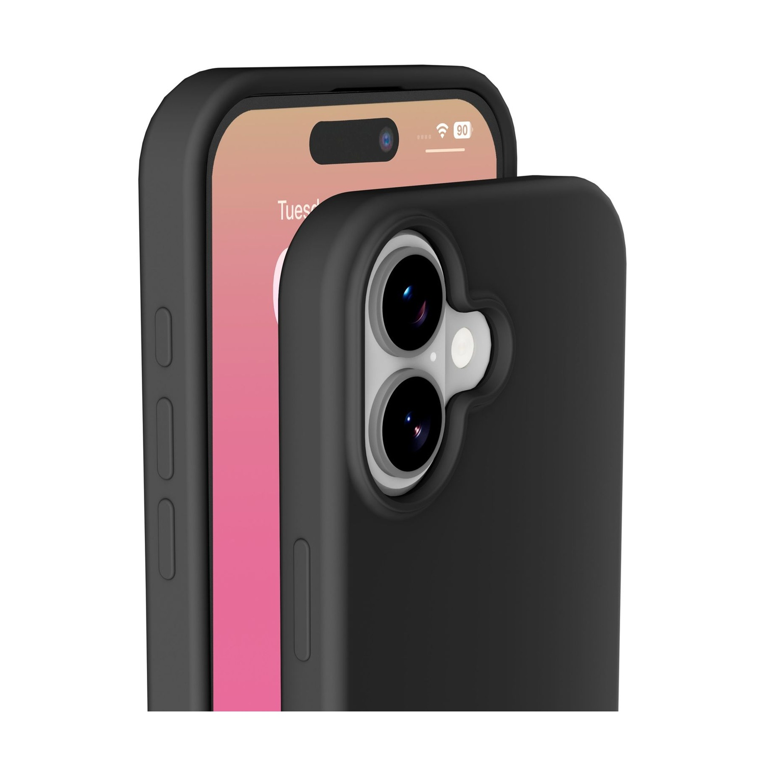 Due custodie nere per telefono, una con fotocamera, una con schermo.