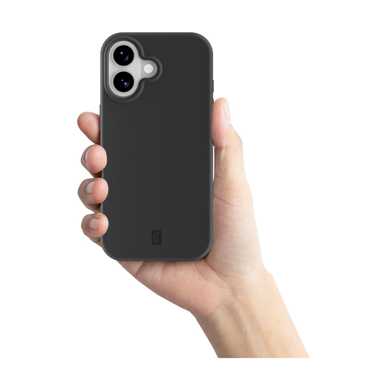 Una mano tiene un cellulare nero con due obiettivi.