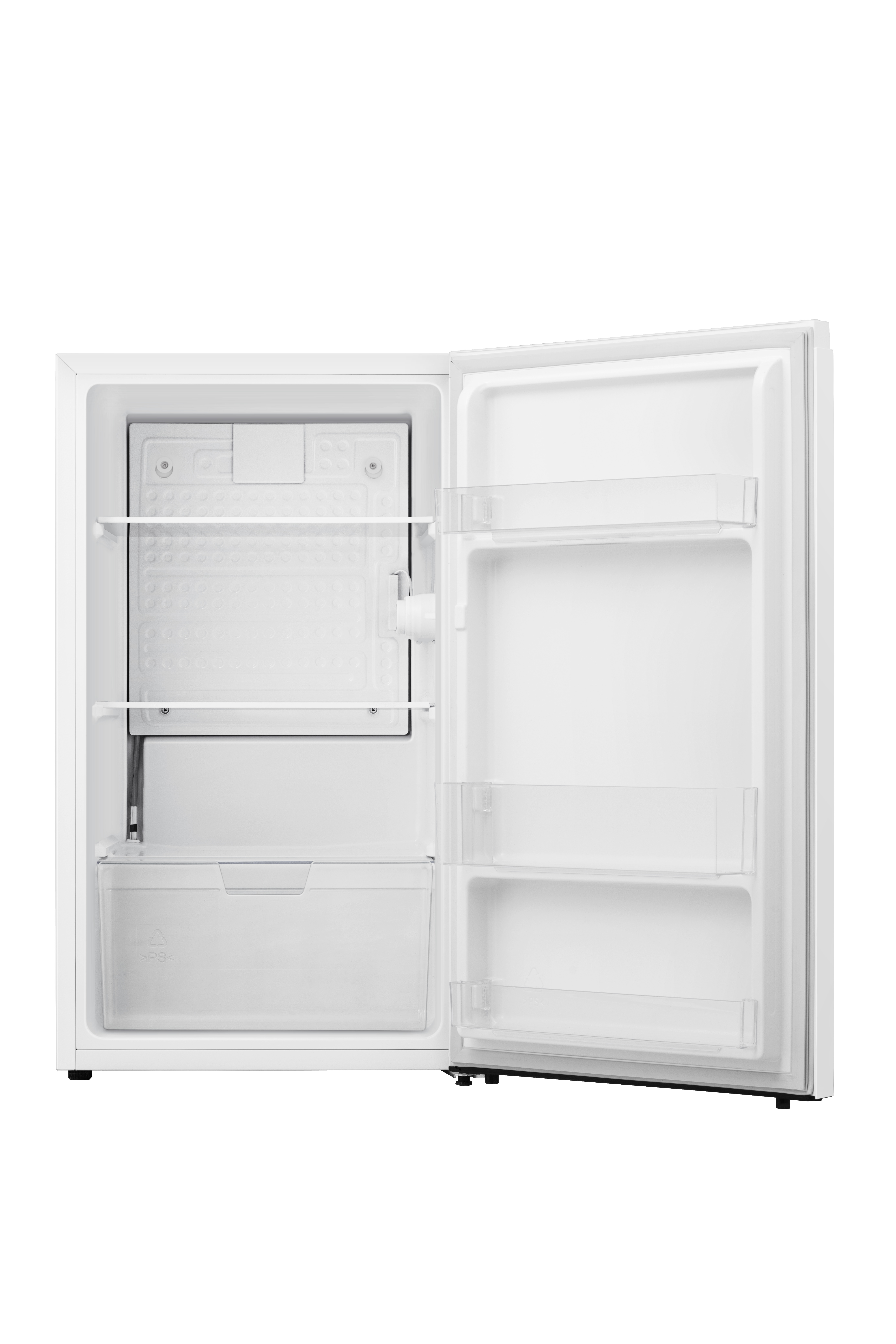 Un refrigerador blanco abierto con dos estantes y un cajón.