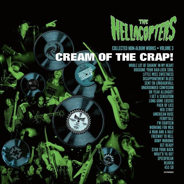 Cover der Hellacopters mit Bandmitgliedern und Schallplatten.