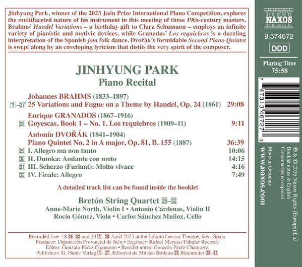 CD-Cover: Jinhyung Park Piano Recital mit Werken von Brahms, Granados, Dvořák.