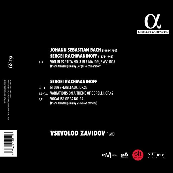 CD-Rückseite mit Titelliste: Bach, Rachmaninoff, Zavidov. Alpha Classics Logo.