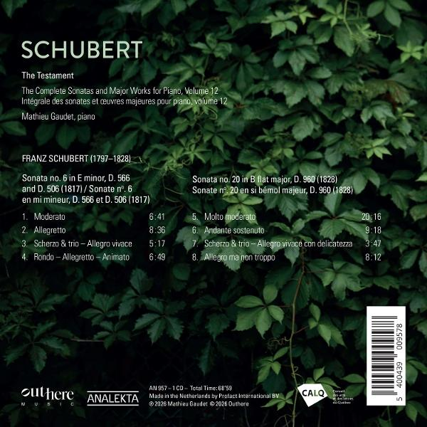 Albumcover mit Noten für Franz Schubert, Klavierwerke, mit Titel und Trackliste.