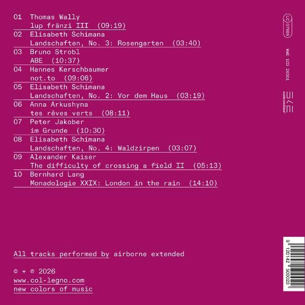 Titelliste eines Albums mit Künstlernamen, Titeln und Laufzeiten auf lila Hintergrund.