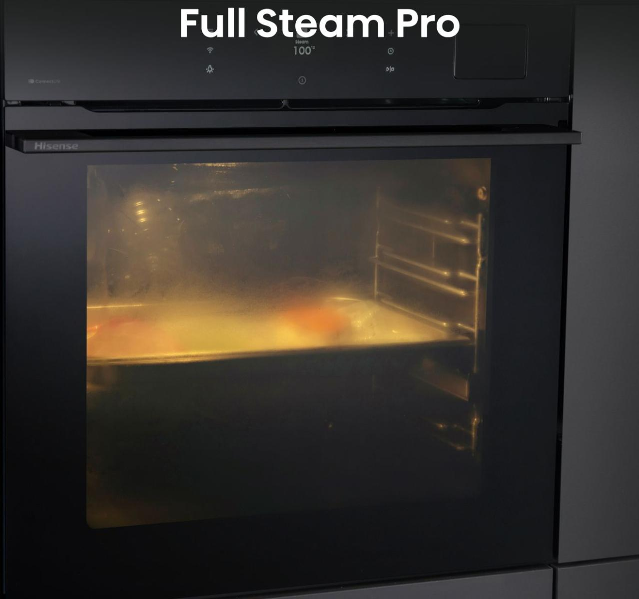 Fekete Hisense sütő "Full Steam Pro" felirattal, 100°C.