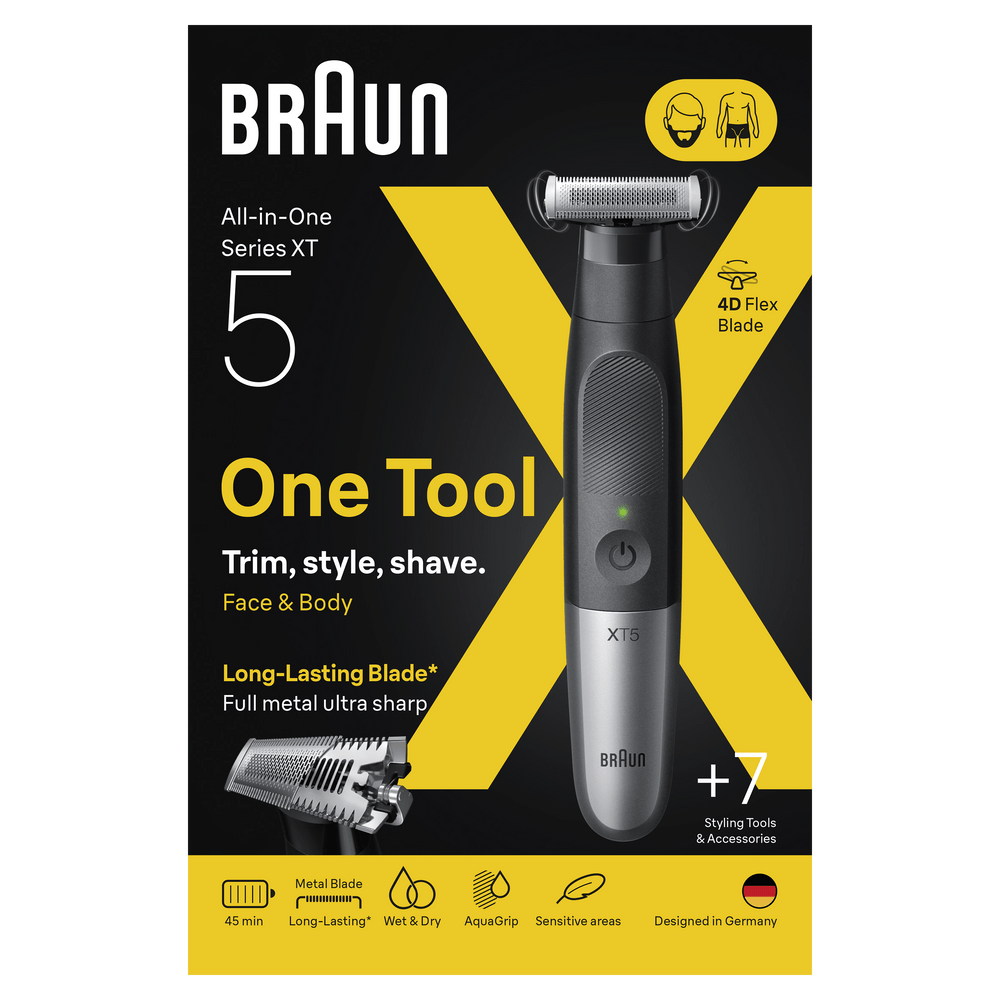 Recortadora todo en uno Braun Series XT5 con hoja 4D Flex, accesorios, para cara y cuerpo.