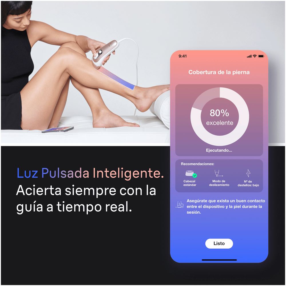 Luz pulsada inteligente. Acierta siempre con la guía a tiempo real. Imagen de la app. 
