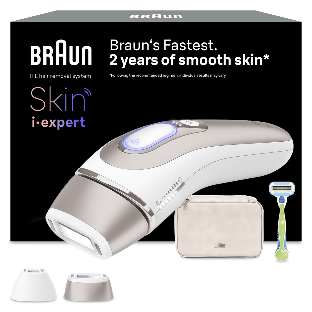 Dispositivo Braun IPL depiladora con accesorios: maquinilla, neceser y adaptadores.