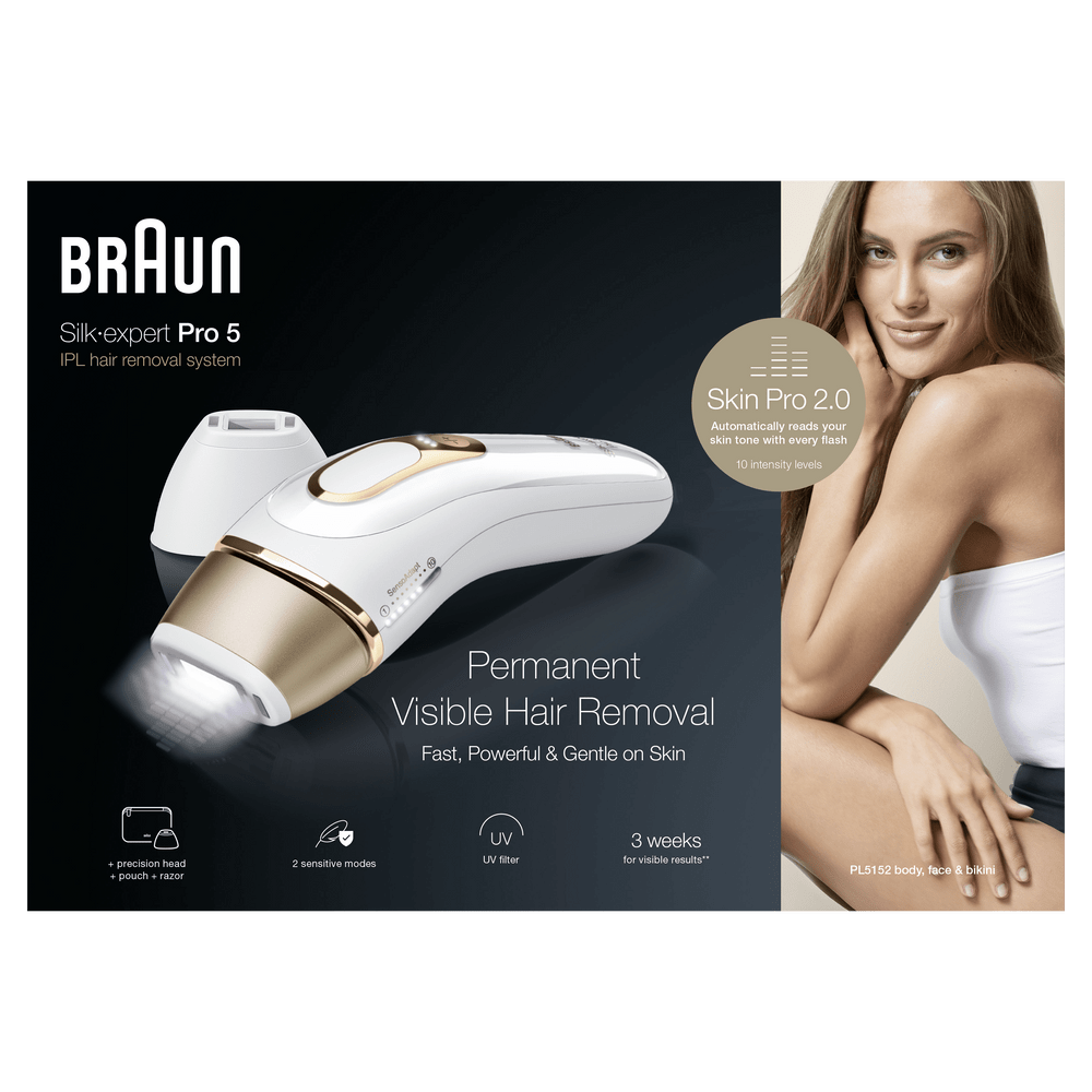 Dispositivo Braun Silk-expert Pro 5 IPL depiladora con sensor de piel y mujer.