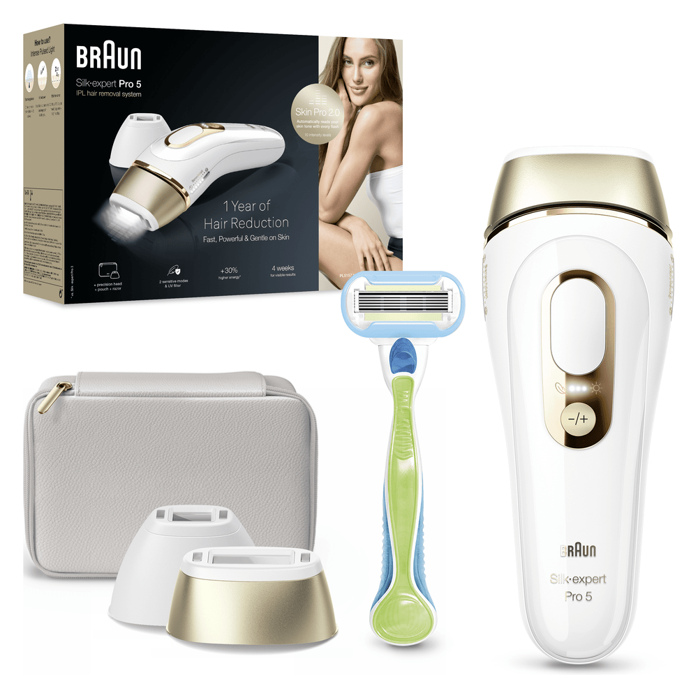 Sistema depilador Braun IPL con maquinilla, neceser y accesorios.