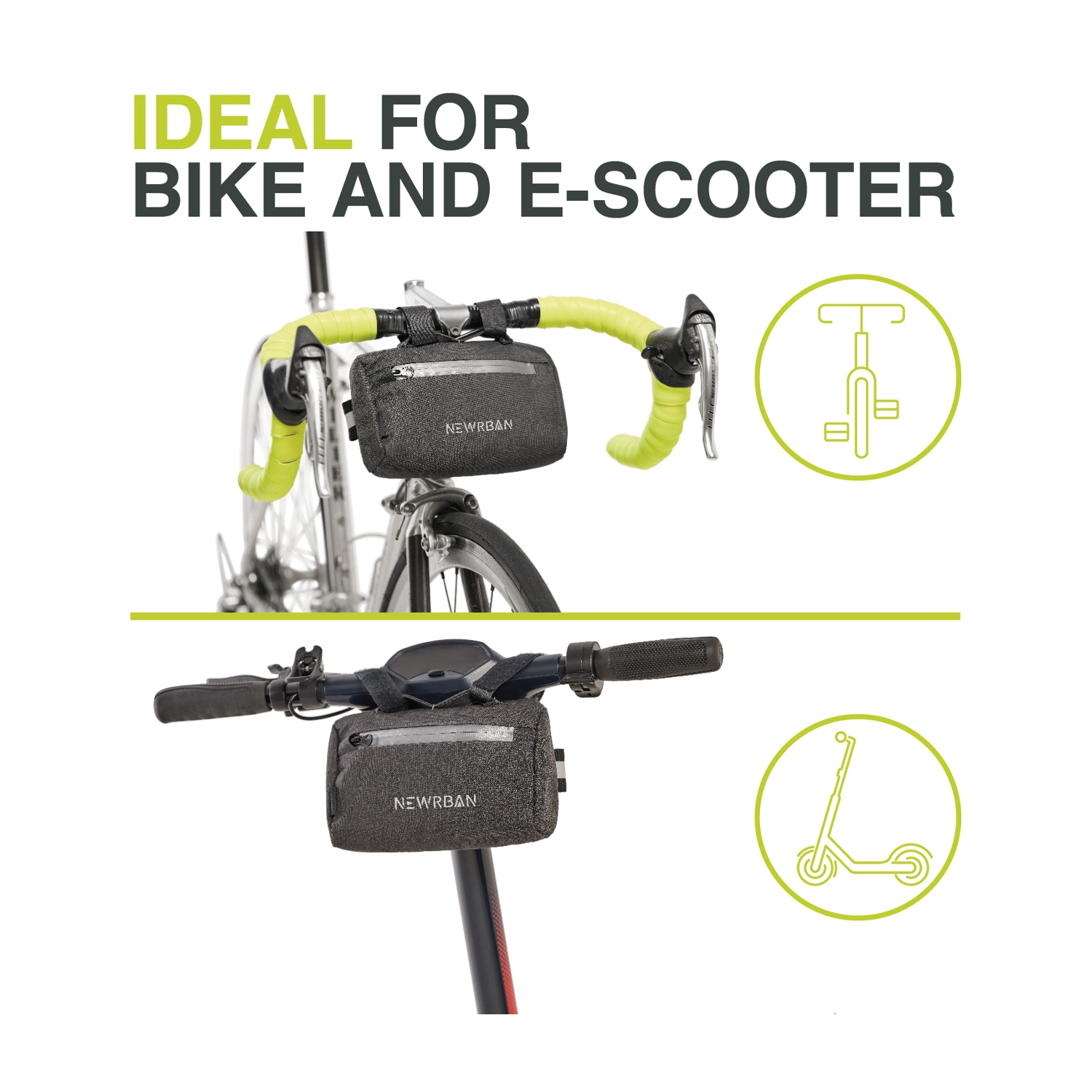 Una borsa è attaccata al manubrio di una bicicletta e di uno scooter elettrico.