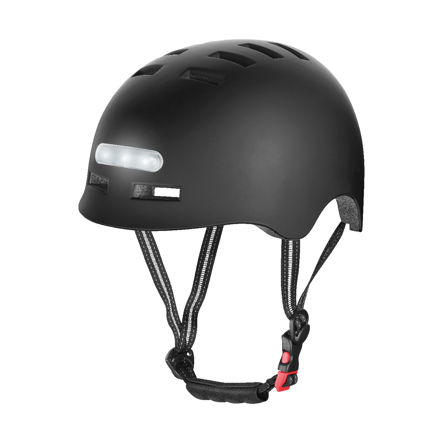 Casco da bicicletta nero con luce anteriore e cinghie regolabili.