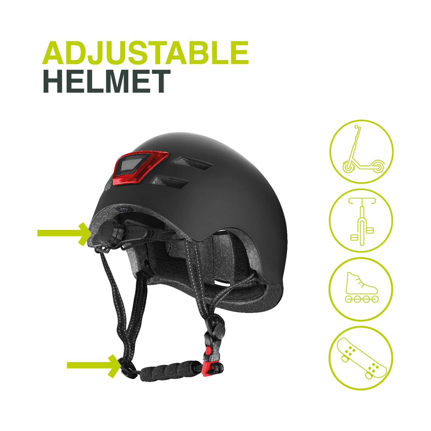 Casco nero con luce posteriore rossa e rotella di regolazione. Icone scooter, skateboard, pattini.