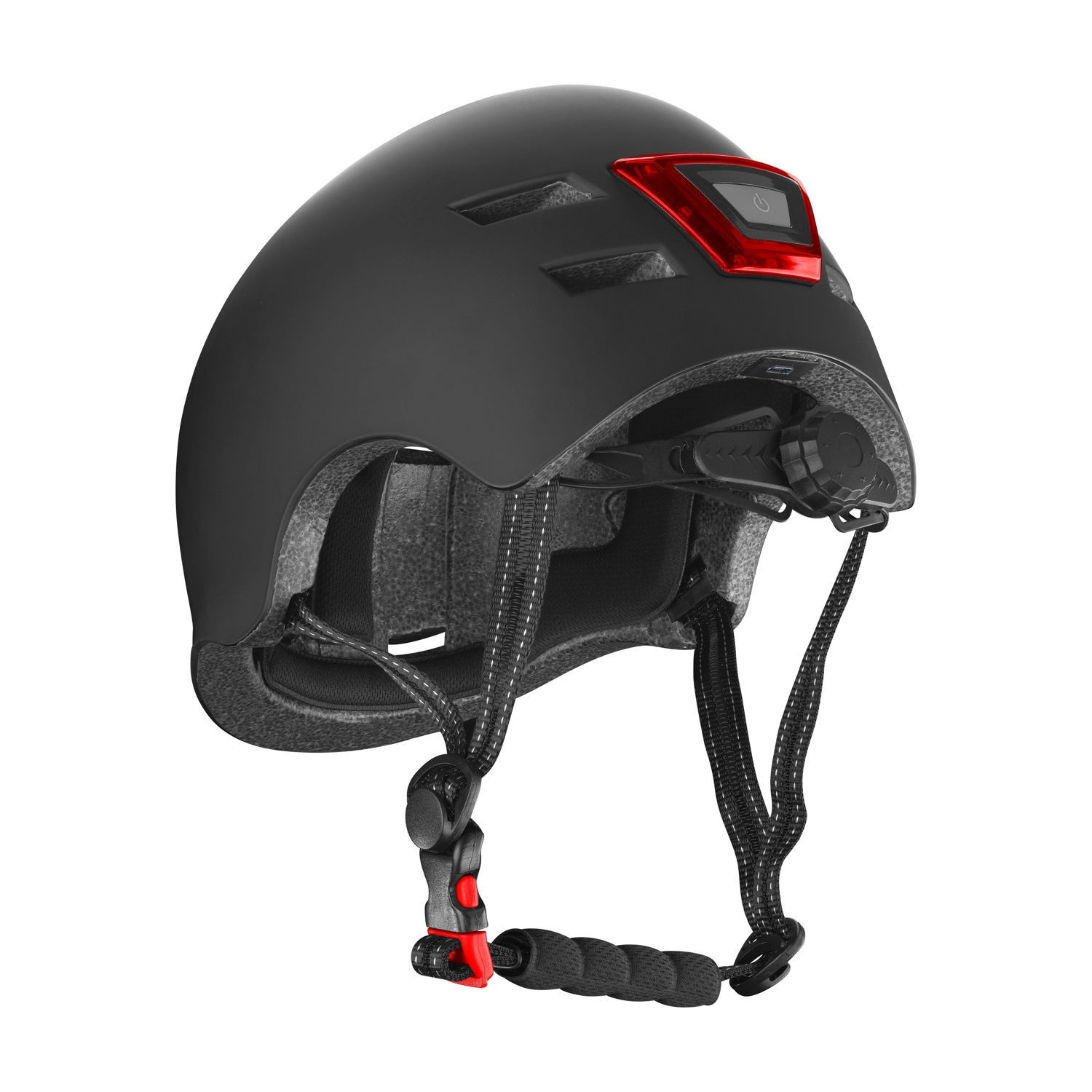 Casco da bicicletta nero con fanale posteriore rosso e sottogola regolabile.