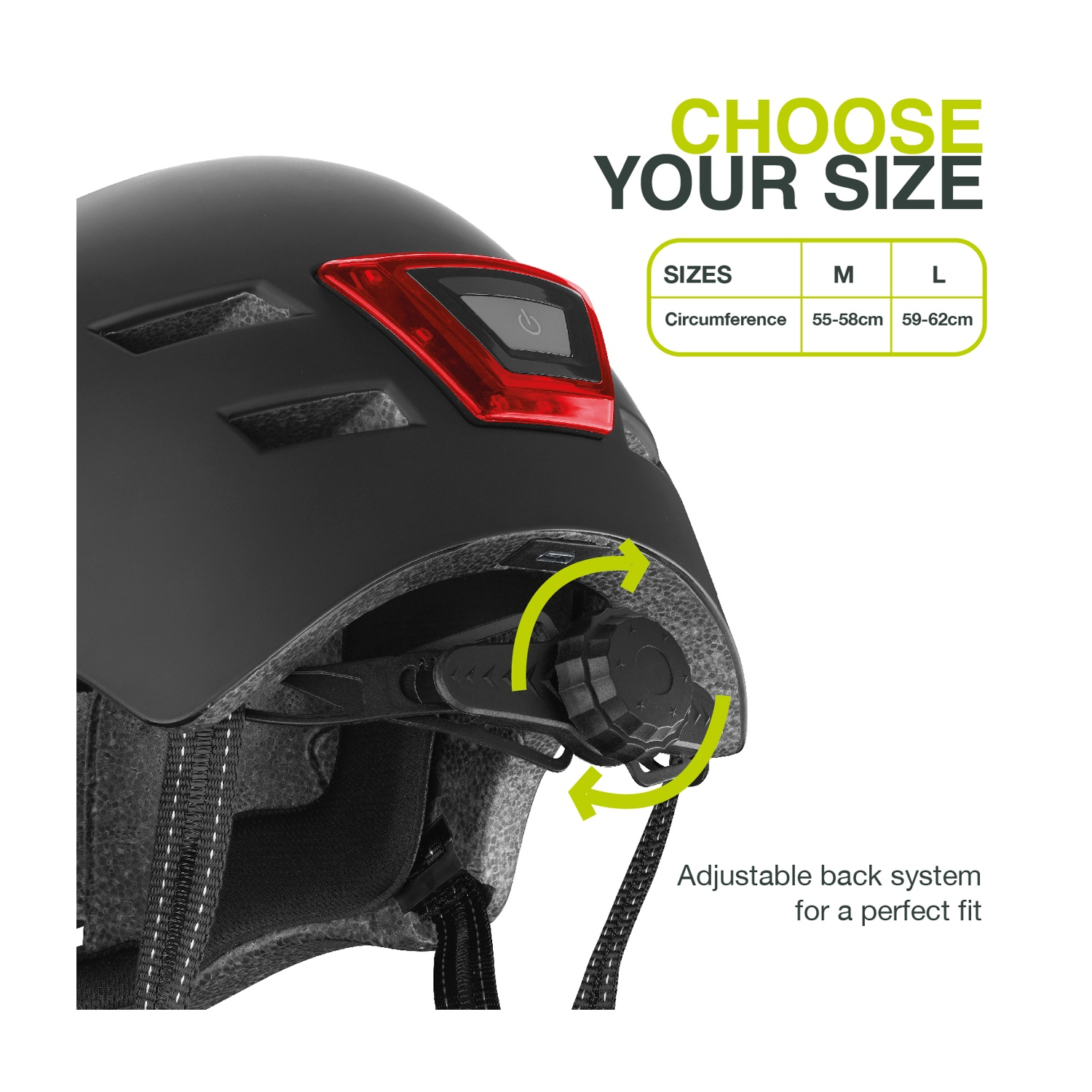 Casco nero con luce posteriore rossa e sistema di regolazione taglia.