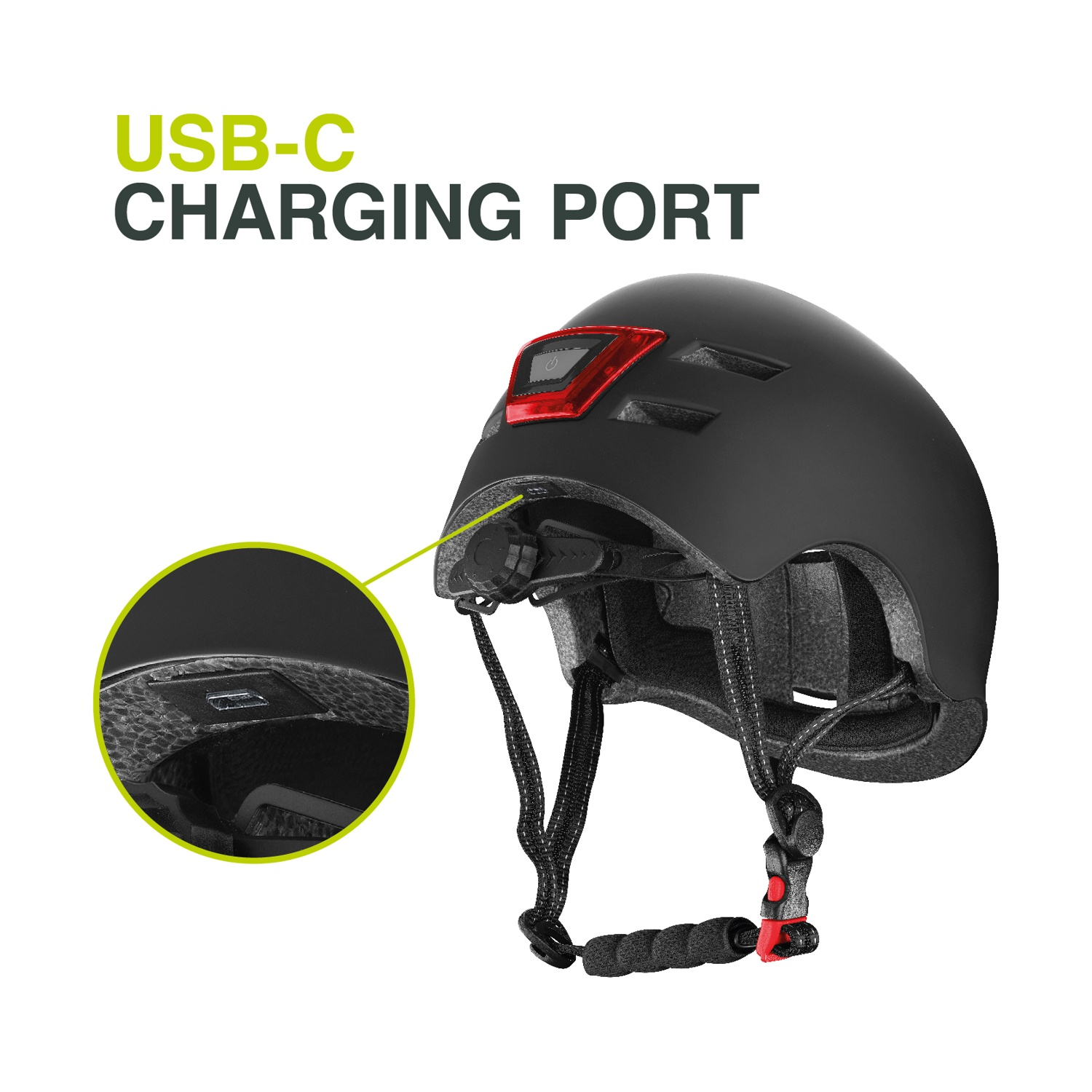 Casco nero con fanale posteriore rosso e porta di ricarica USB-C.