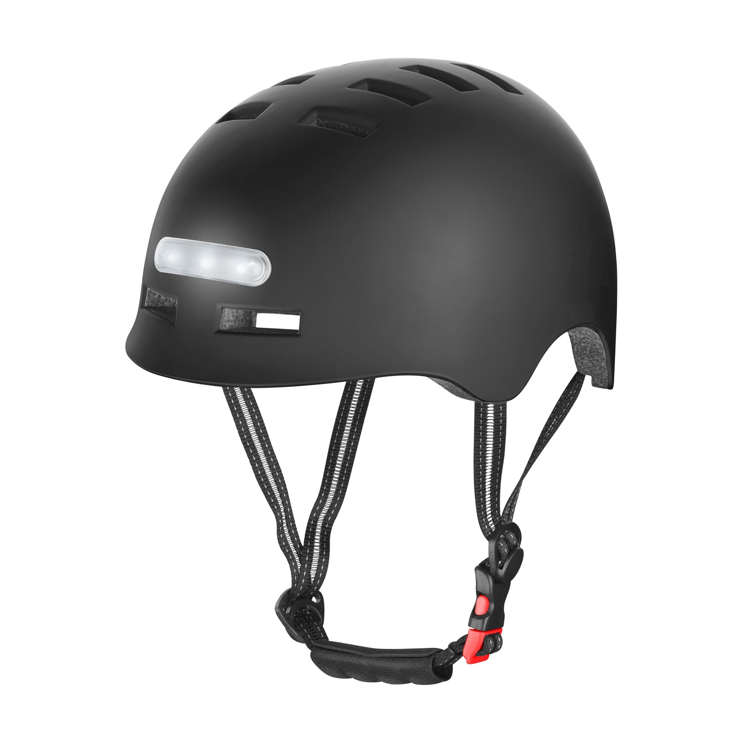 Casco nero con prese d'aria e luce LED integrata.
