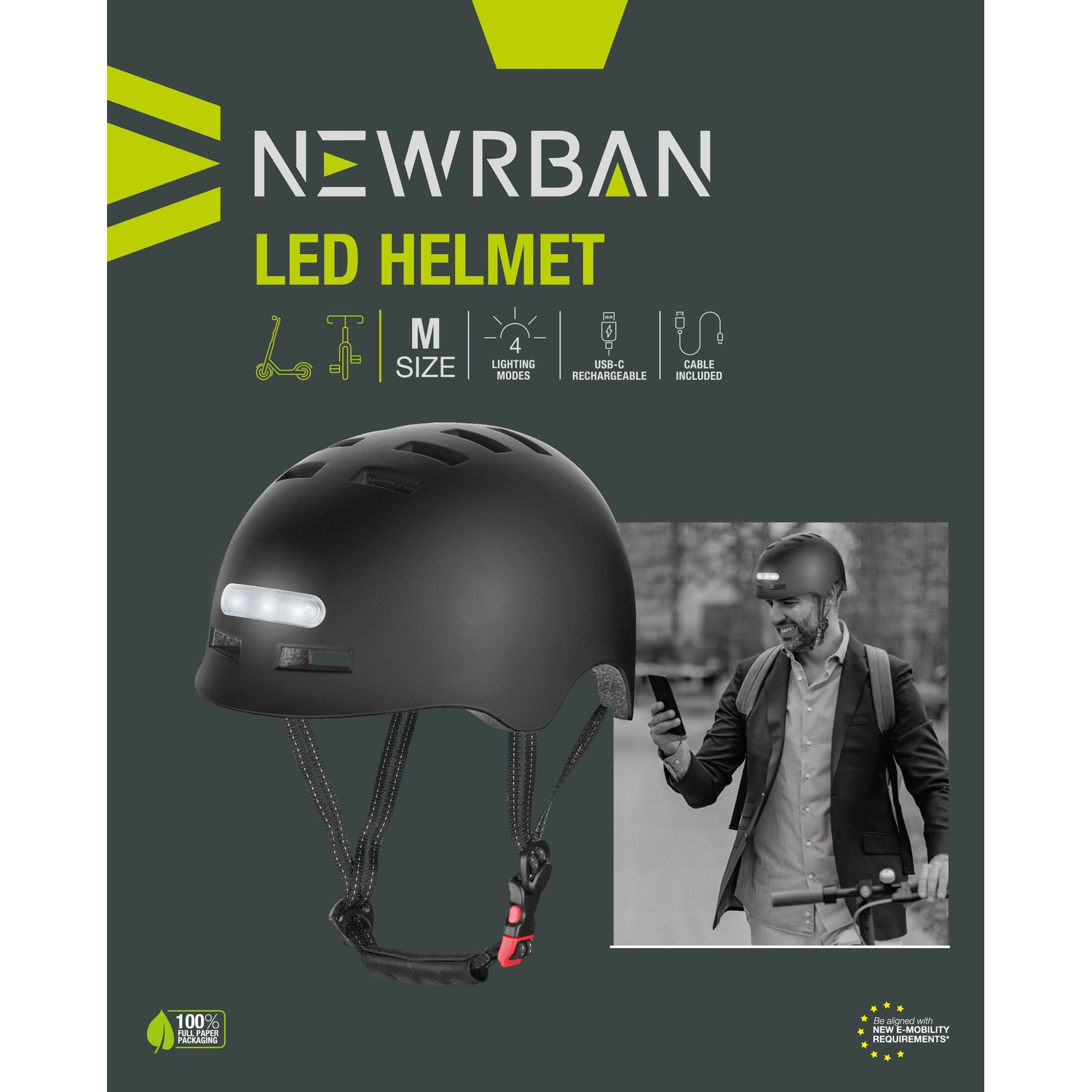 Casco nero a LED, taglia M, ricaricabile USB-C. Un uomo guida uno scooter.