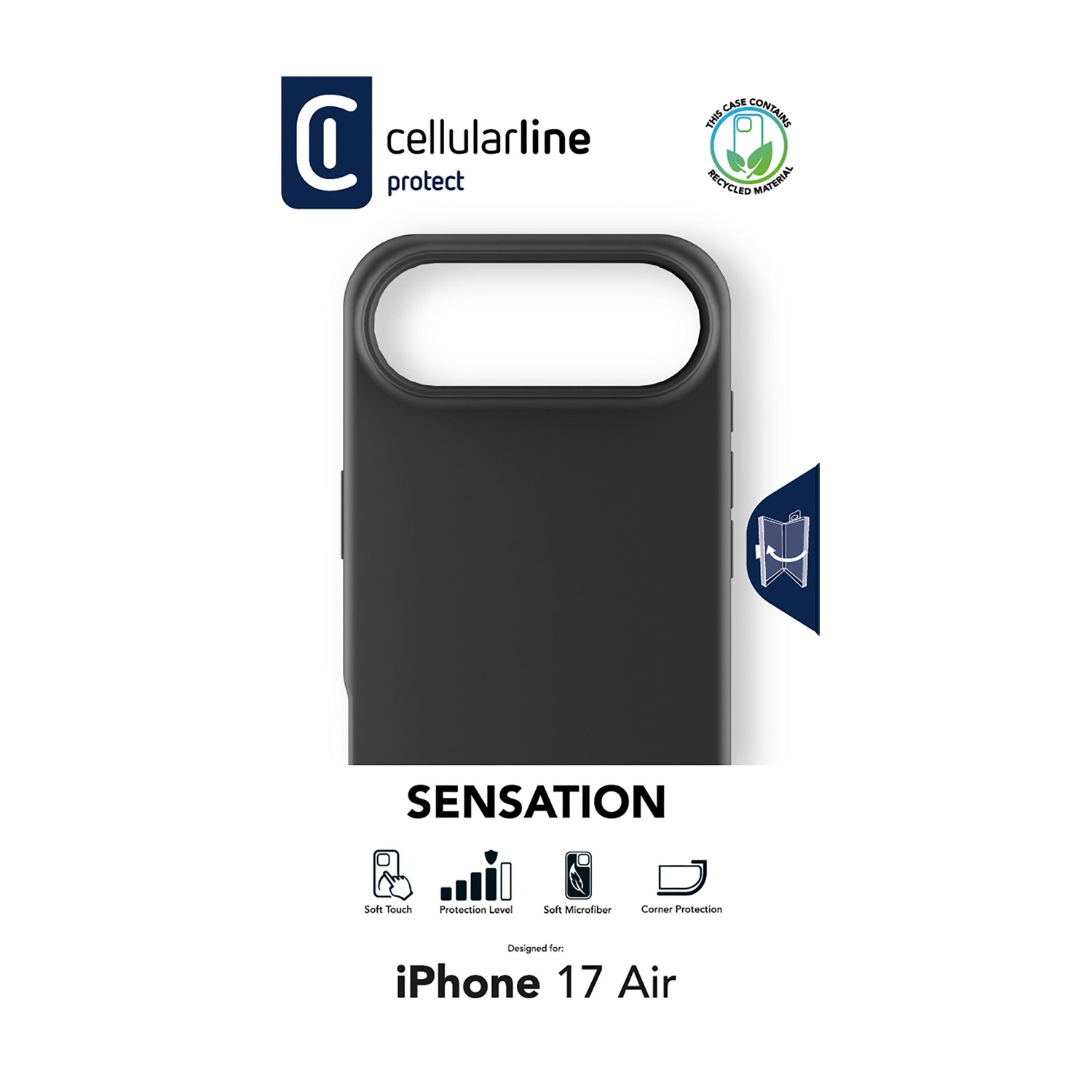 Cover nera iPhone 17 Air Cellularline con icone soft touch, protezione, microfibra.
