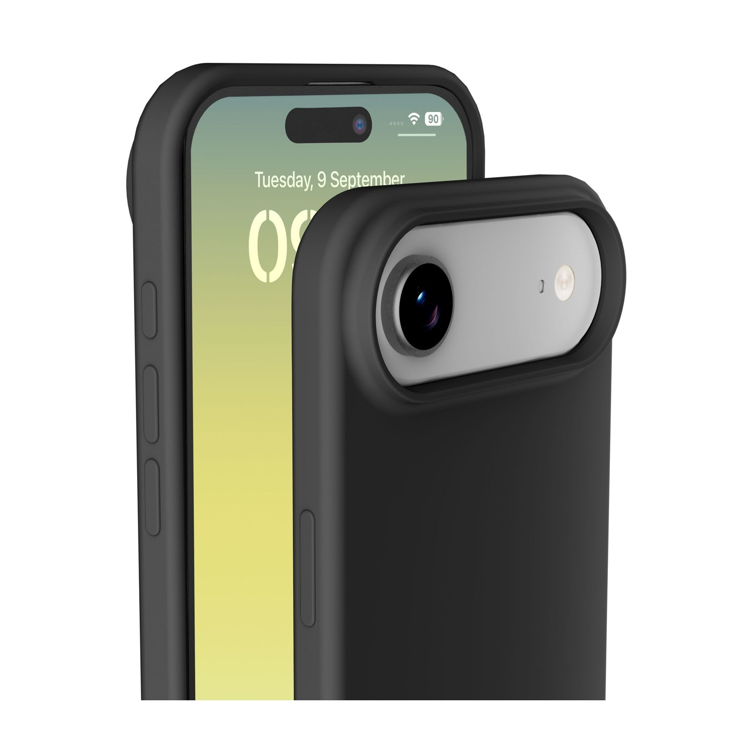 Due custodie nere per telefono una accanto all'altra con ritaglio per fotocamera.