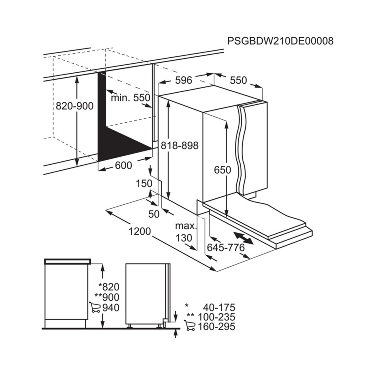 Disegno tecnico con dimensioni per un elettrodomestico da incasso. PSGBDW210DE00008.