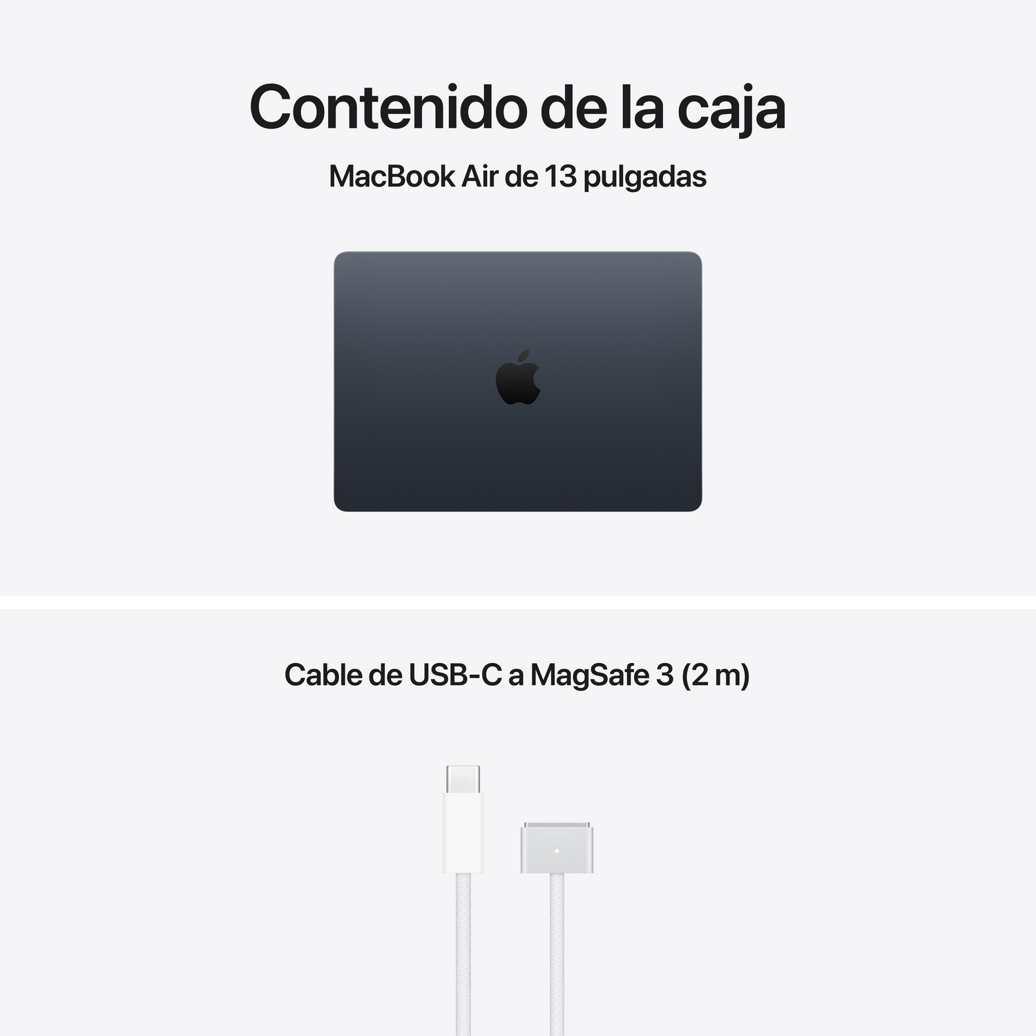 Un MacBook Air oscuro y un cable USB-C a MagSafe 3 blanco.