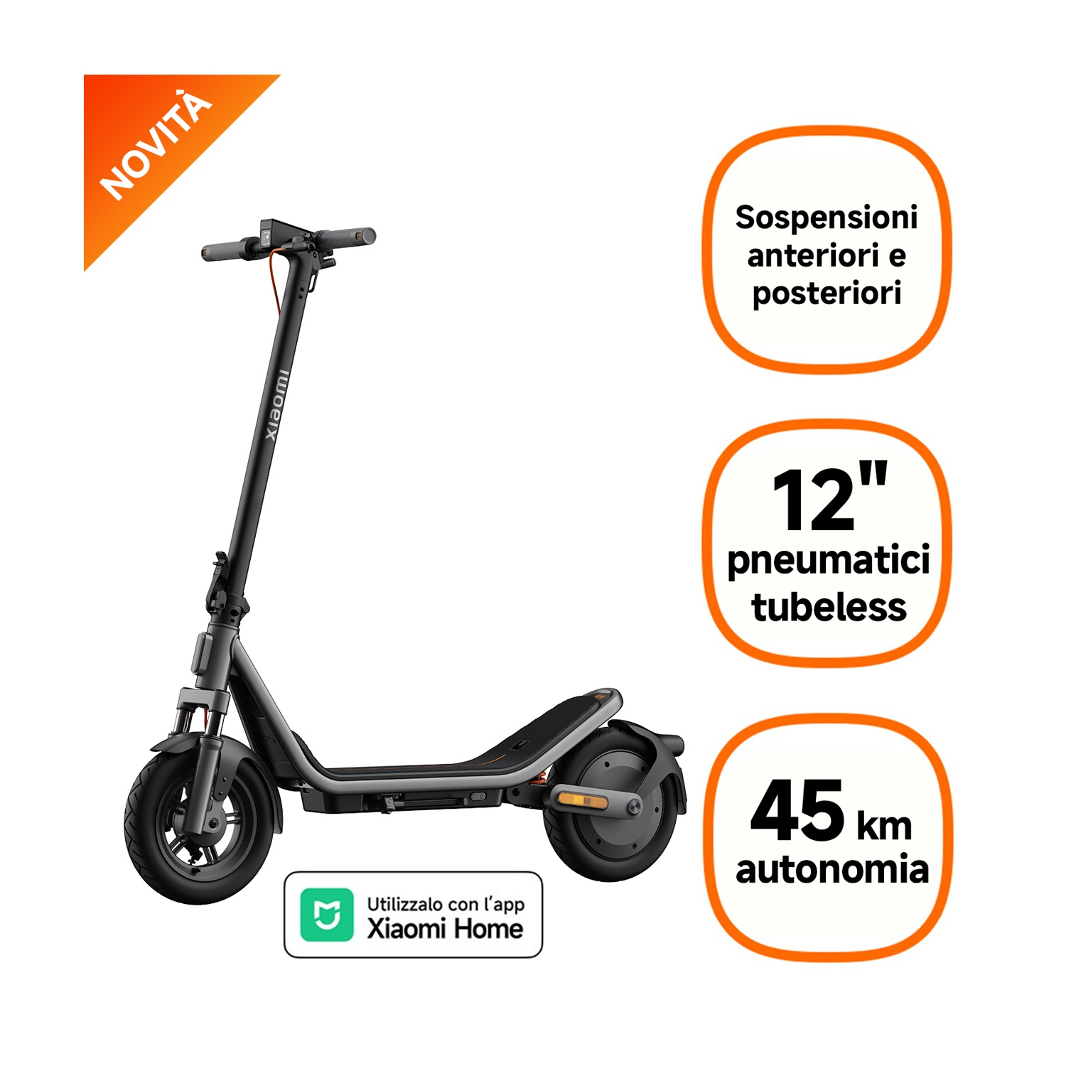 Un monopattino elettrico Xiaomi nero con ruote da 12 pollici, sospensioni e 45 km.