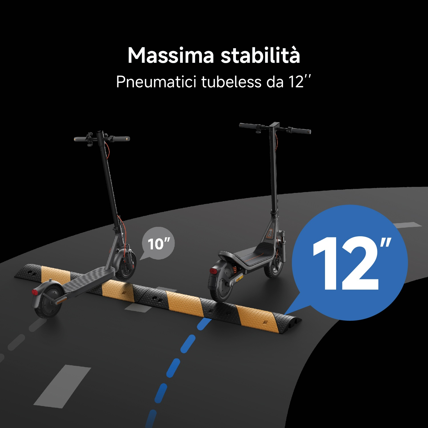 Due monopattini elettrici su sfondo scuro, con pneumatici da 10" e 12".