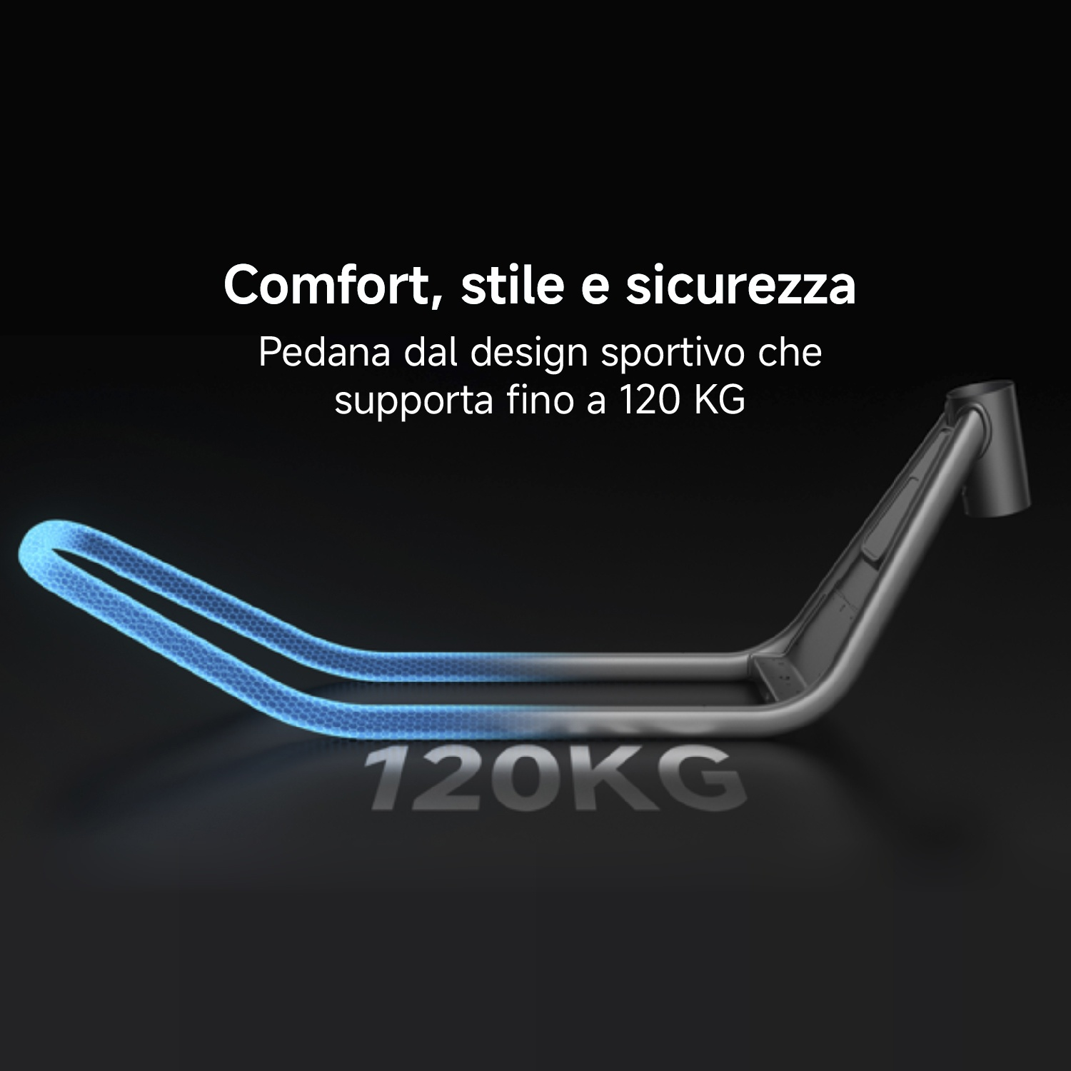 Un telaio in metallo argentato con linee blu luminose, supporta 120 KG.