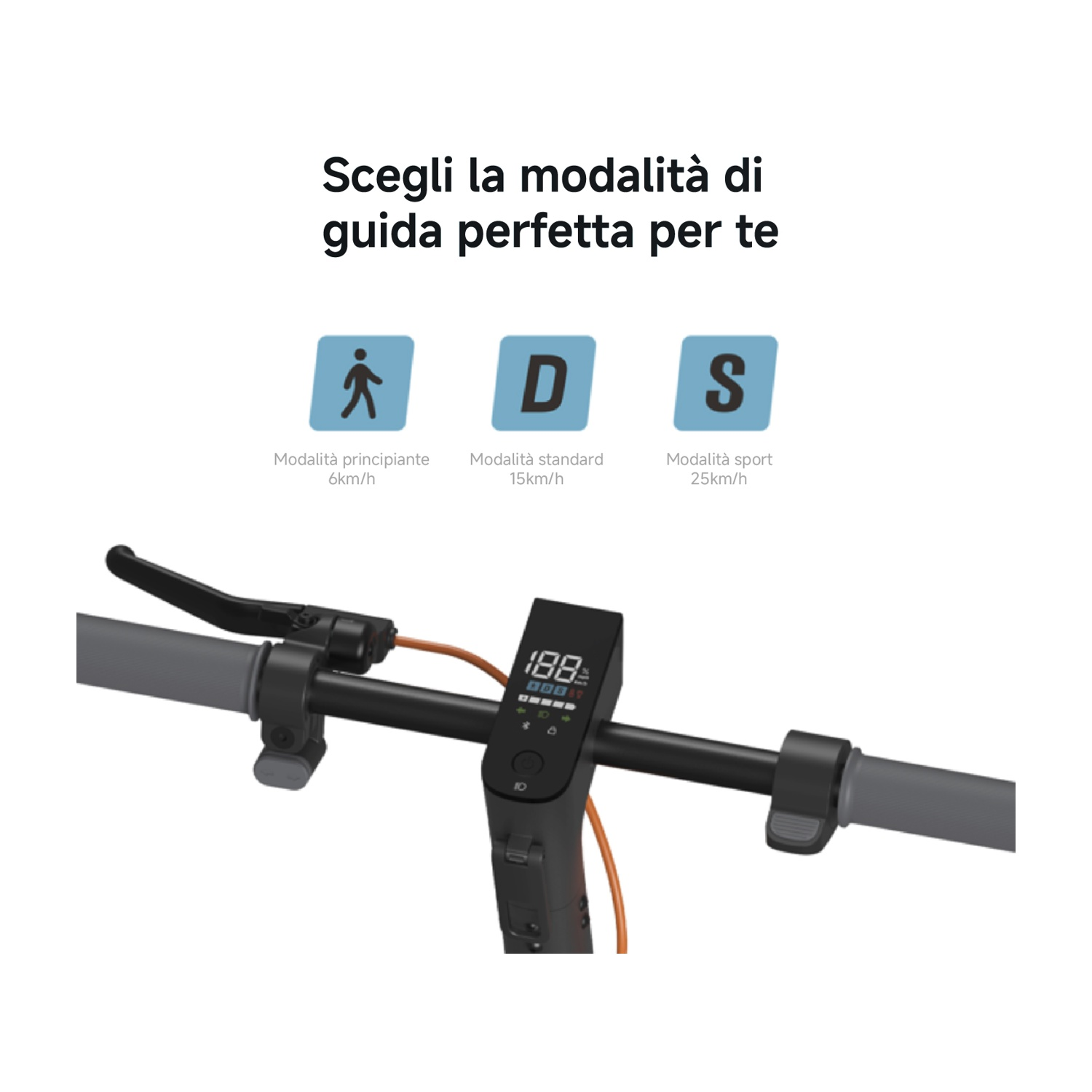 Manubrio monopattino elettrico con tre modalità di guida: principiante, standard e sport.