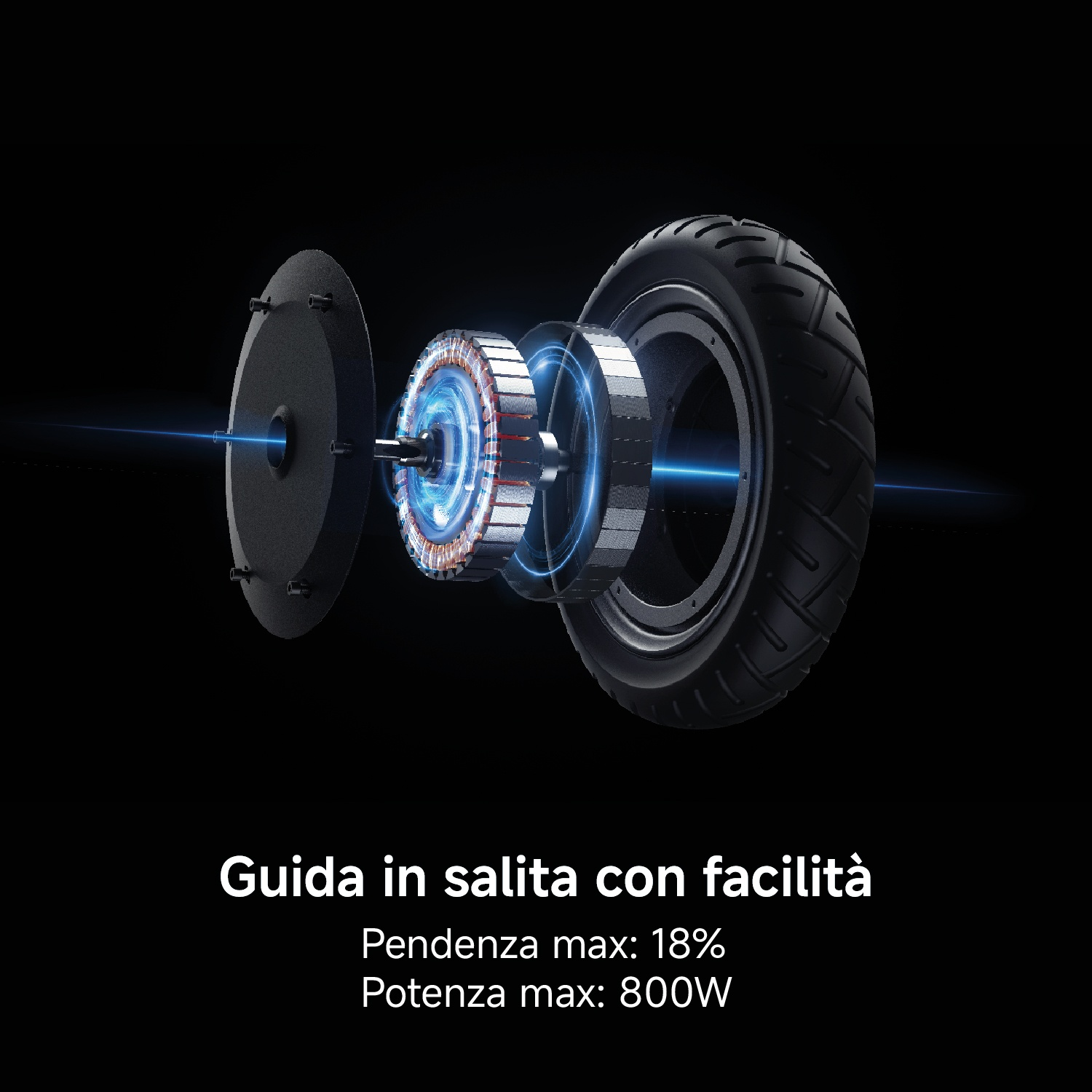 Vista esplosa di motore elettrico e ruota con effetti di luce blu.