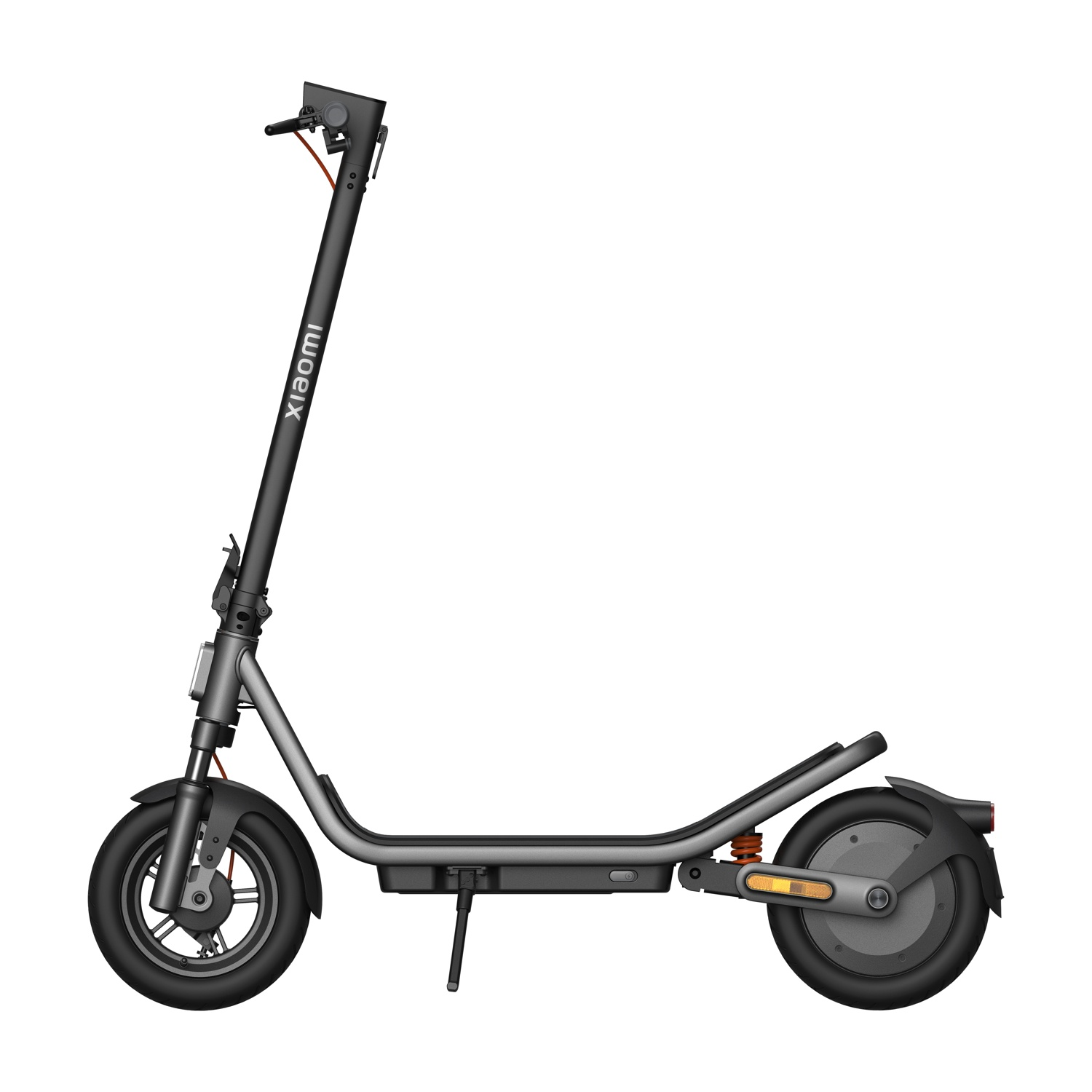 Uno scooter elettrico Xiaomi grigio con manubrio nero, logo bianco e riflettori.