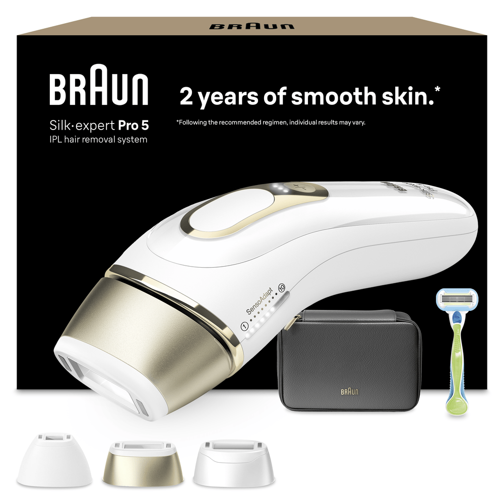 Sistema depilador IPL Braun Silk-expert Pro 5, con accesorios, estuche y maquinilla.