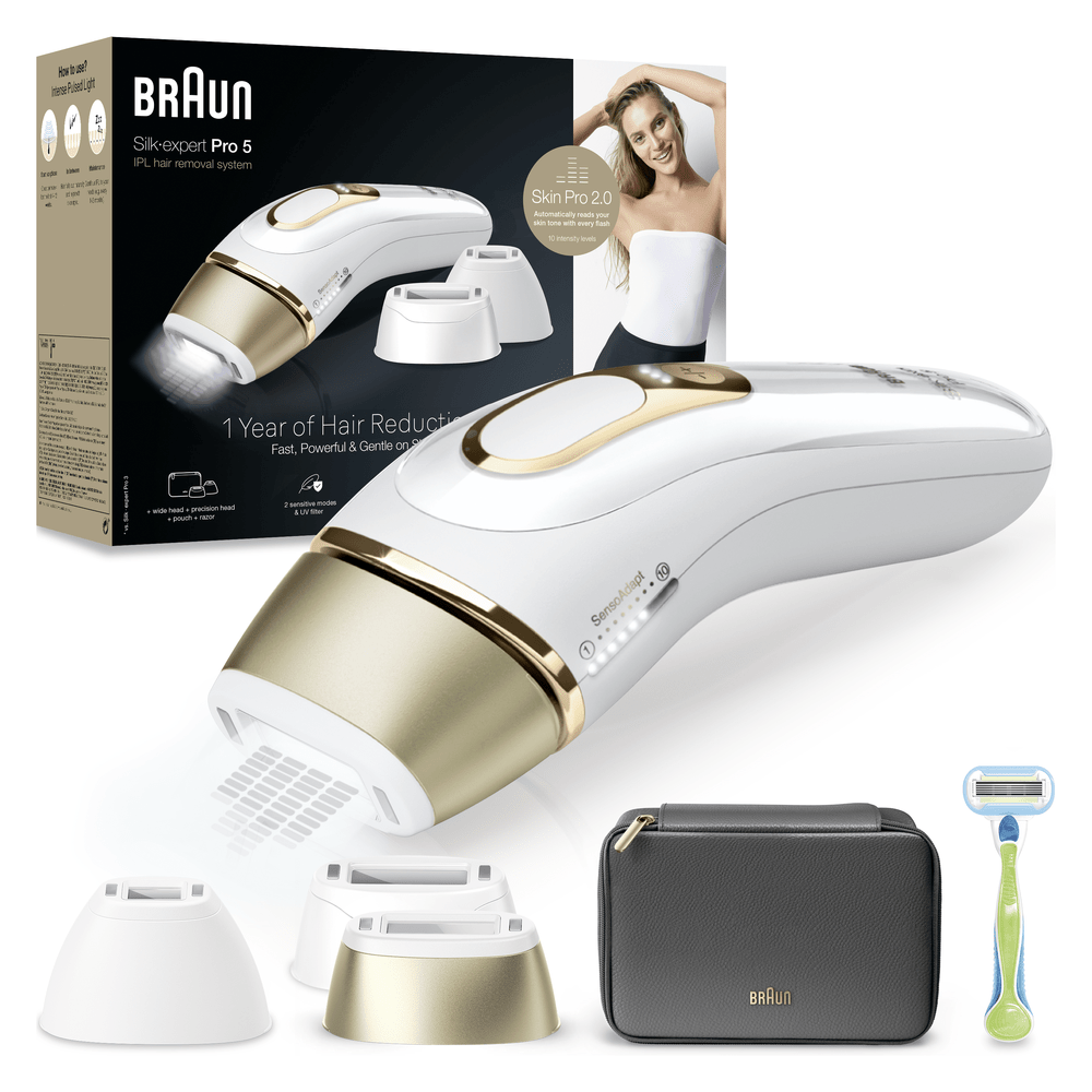 Dispositivo depilador Braun IPL con accesorios, neceser y cuchilla.