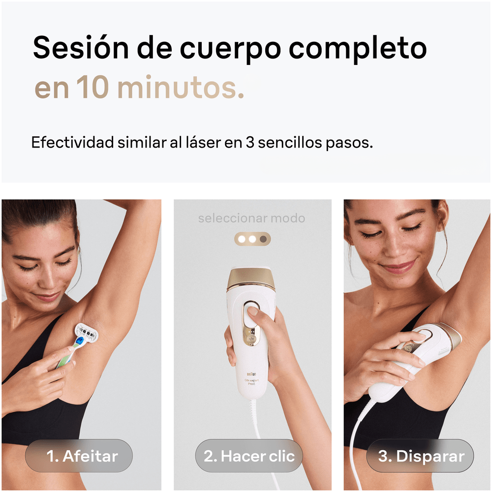 Sesión de cuerpo completo en 10 minutos. Efectividad similar al láser en 3 sencillos pasos. Seleccionar modo. 1. Afeitar. 2.Hacer clic. 3.Disparar