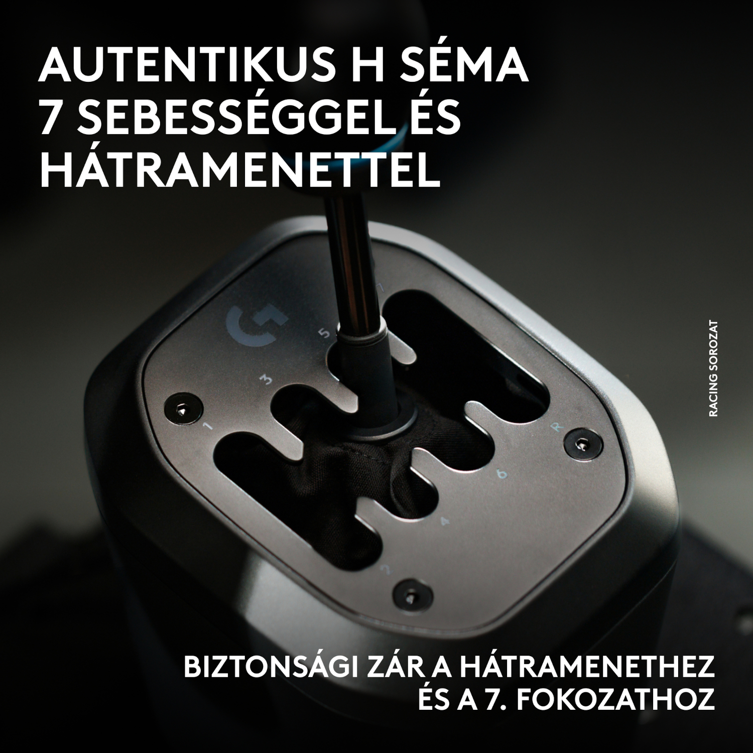 Közeli kép egy 7 sebességes, hátrameneti zárral ellátott sebességváltóról.