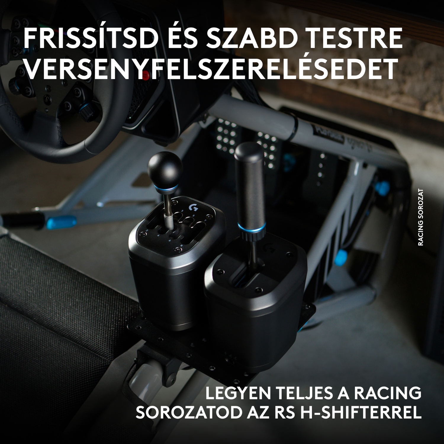 Verseny szimulátor cockpit kormánnyal és két sebességváltóval.