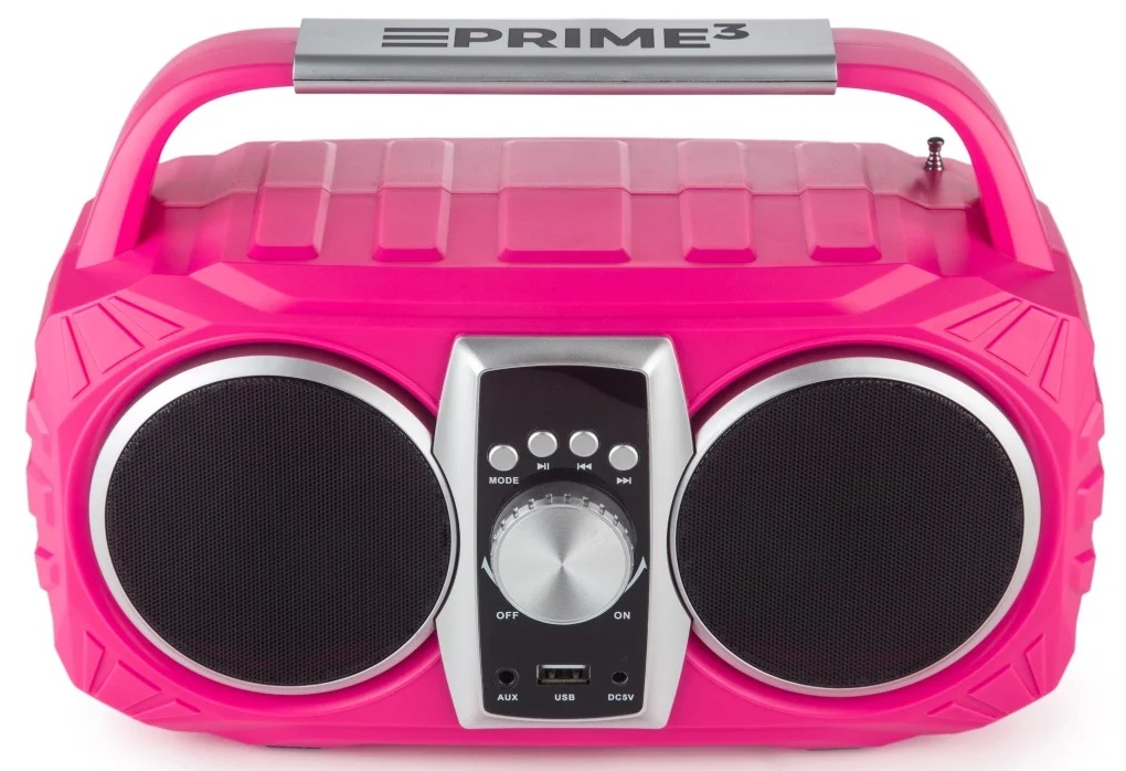Różowy głośnik typu boombox z uchwytem i panelem sterowania.