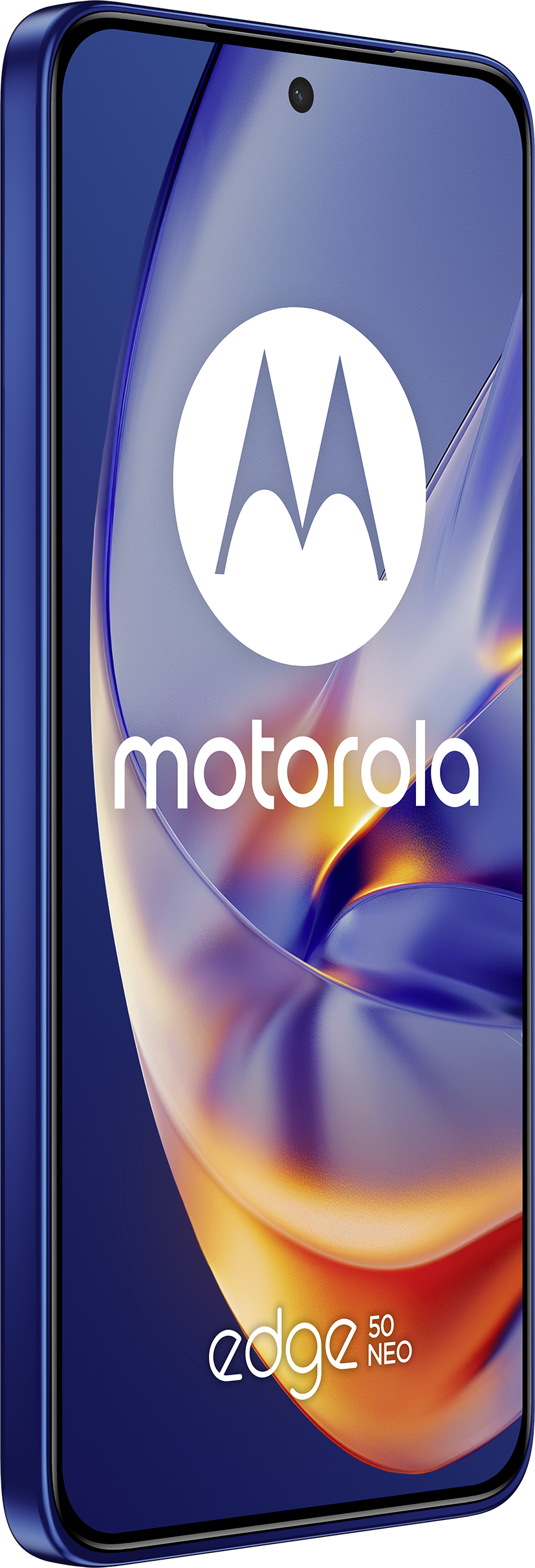 Smartphone Motorola Edge 50 Neo blu con logo Motorola sullo schermo.