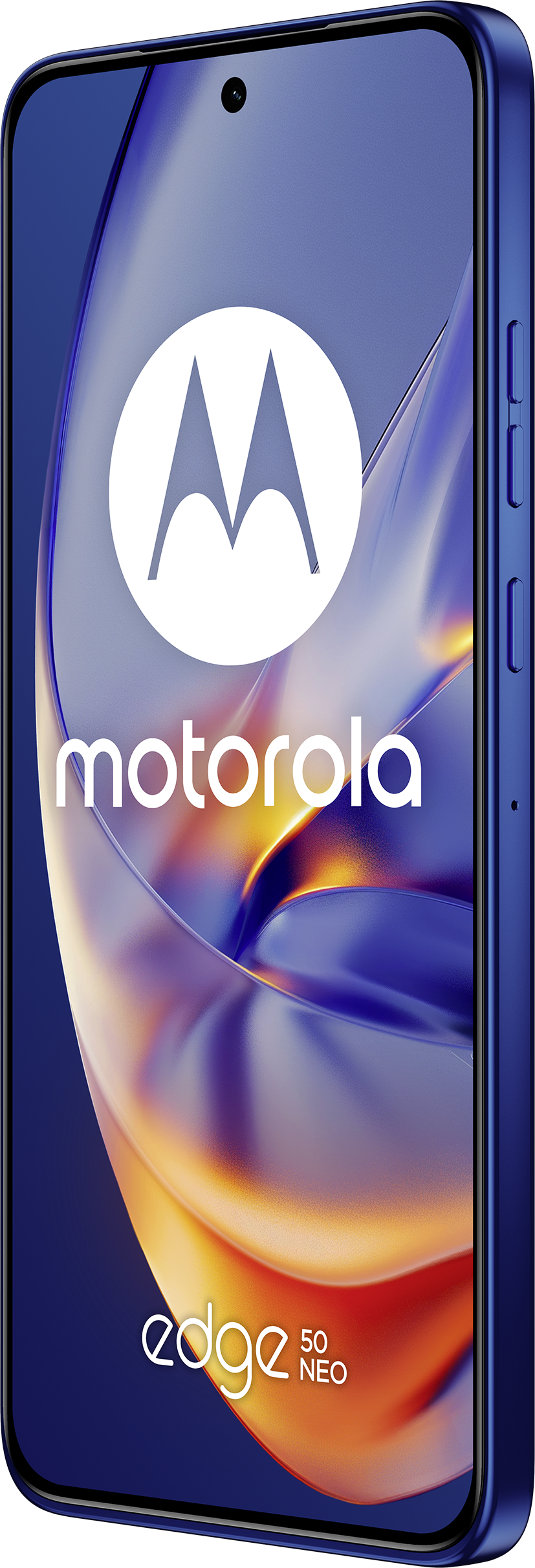 Smartphone Motorola Edge 50 Neo blu con logo bianco e sfondo dinamico.