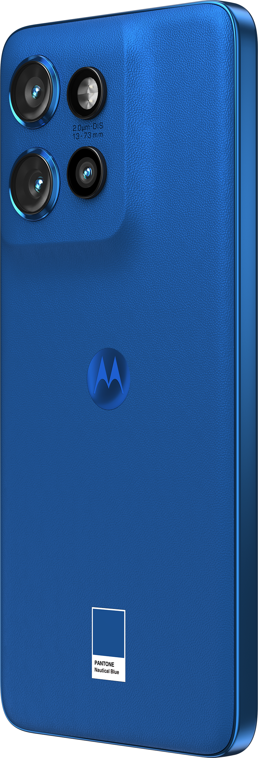 Retro di uno smartphone Motorola blu con quattro fotocamere e logo Pantone.