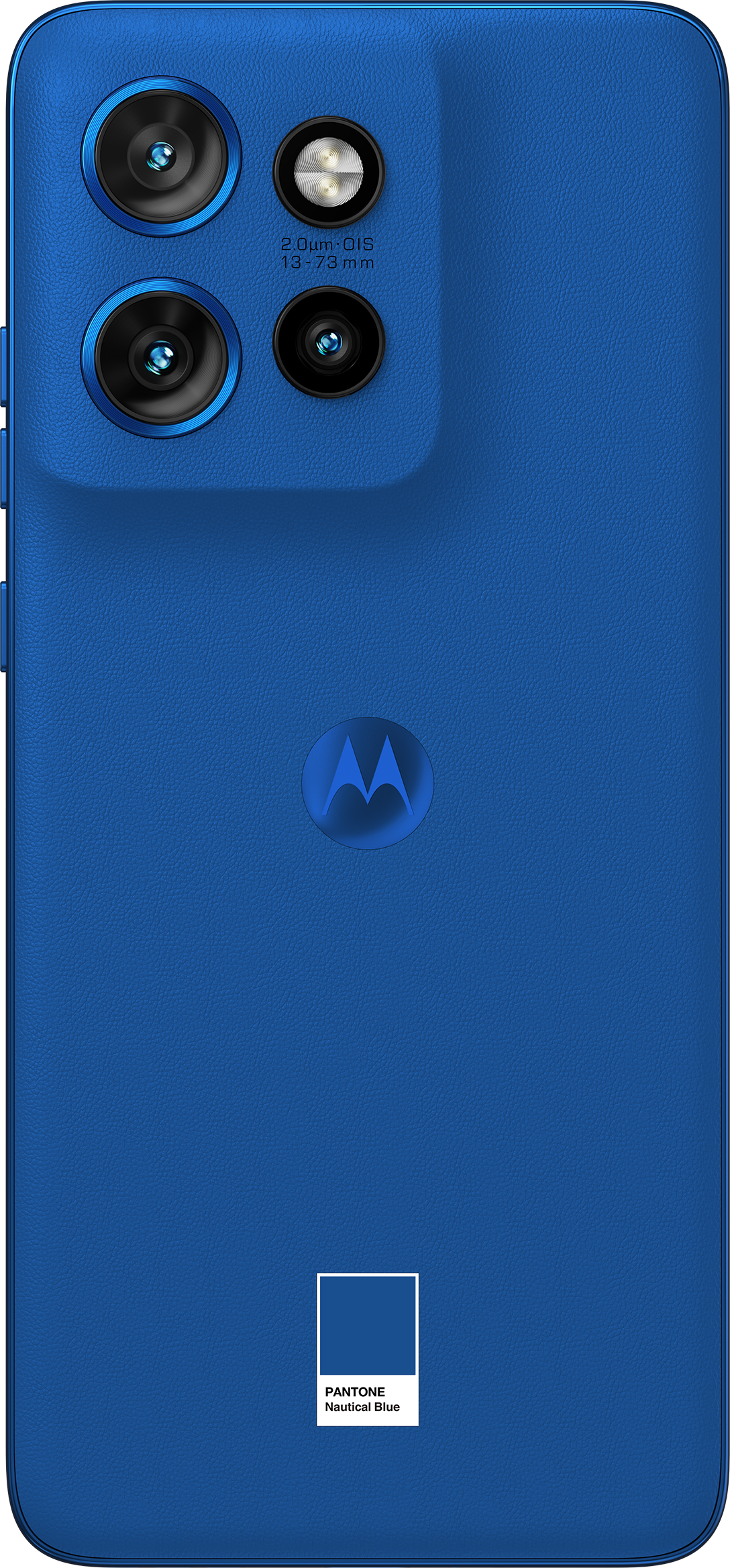 Retro di un telefono Motorola blu con configurazione a quattro fotocamere e logo.