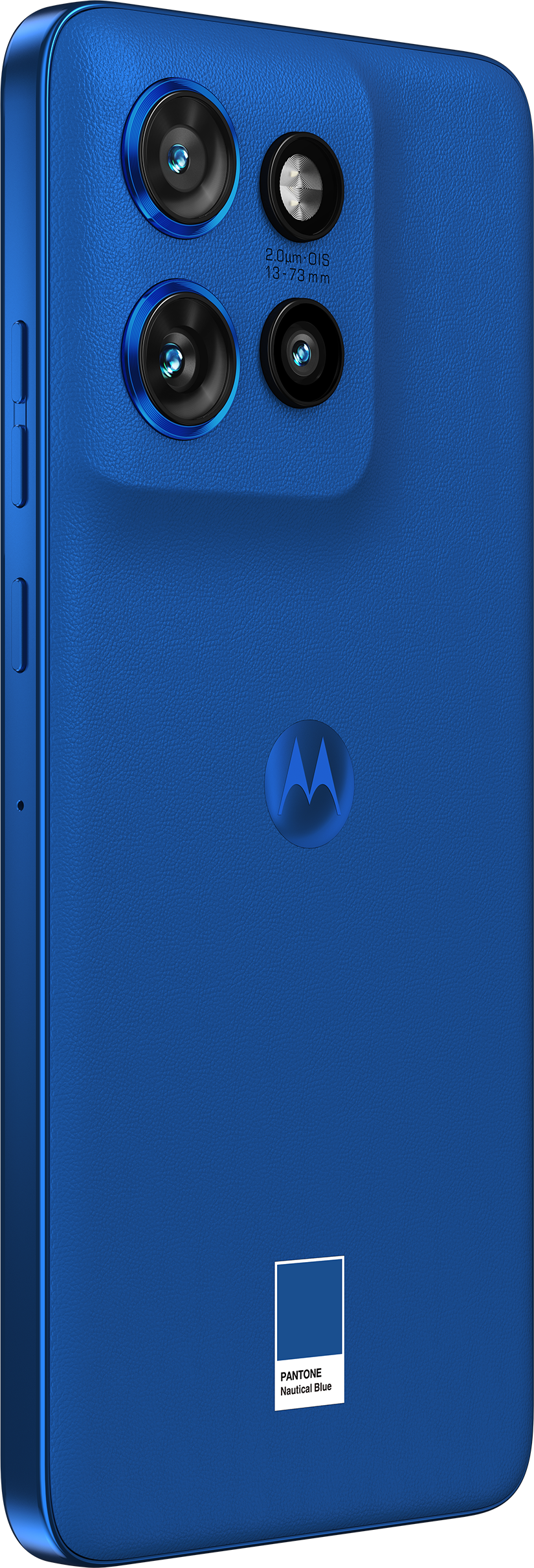 Un telefono Motorola blu con quattro obiettivi e logo Motorola.