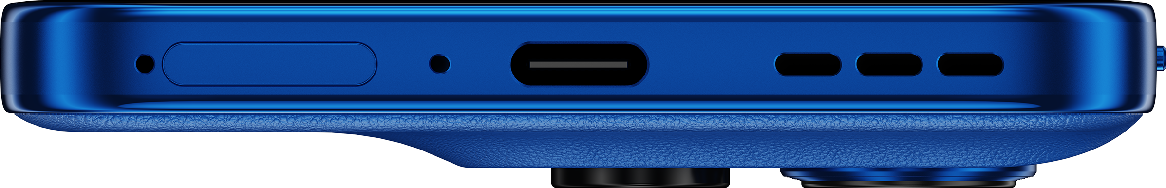 Smartphone blu che mostra porta USB-C, griglie altoparlanti e slot SIM.