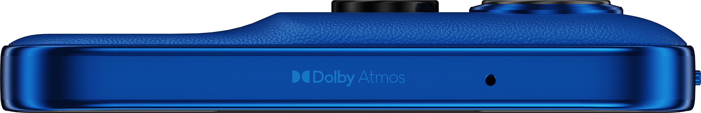 Superficie blu con logo Dolby Atmos e un piccolo foro nero.